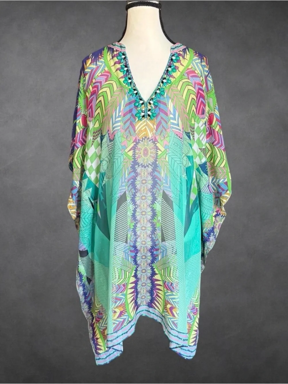 Hale Bob Silk Embellished Geometric Kaftan Tunic Dress/Cover-Up - Size S